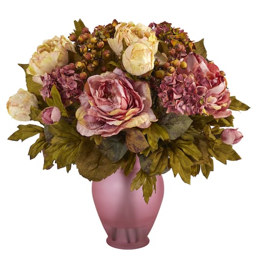 16" Peony Arrangement in Rose Colored Vase